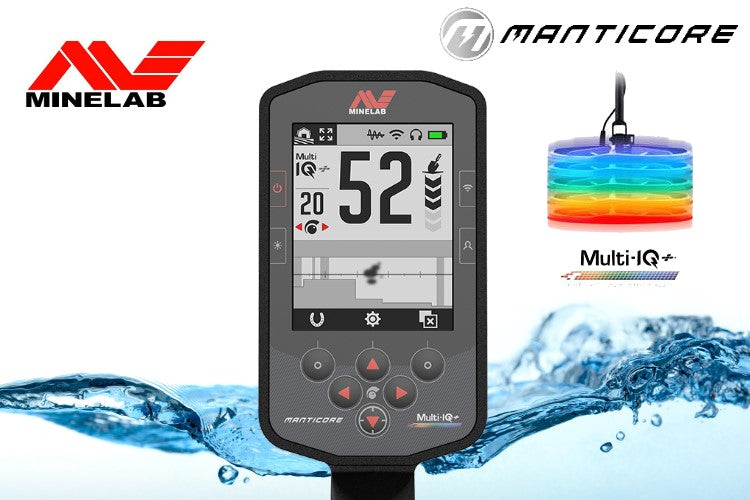 Metalldetektor Minelab Manticore mit zusätzlicher M9 und M15 Suchspule Display